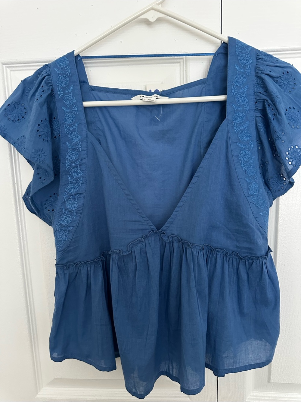 O'Neill Indigo Blue Embroidered V-Neck Peplum Top